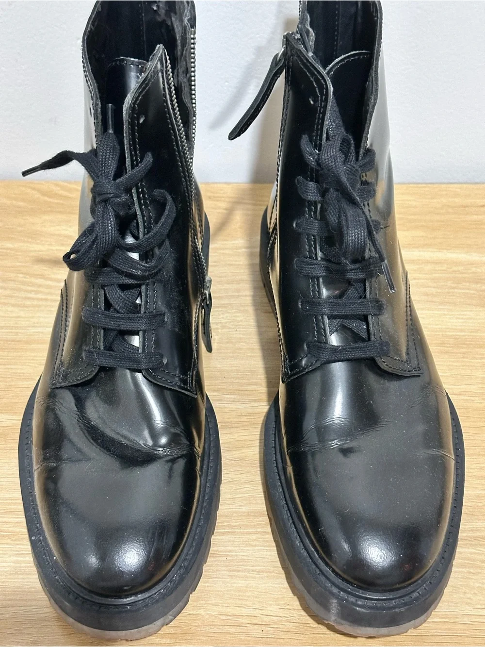 Zara Black Lace-Up Leather Zip Combat Boots